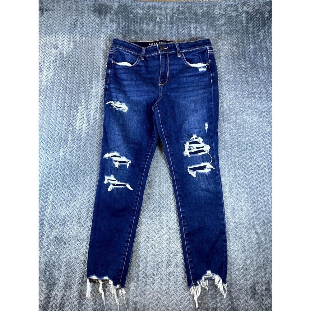 American Eagle Next Level Stretch Jeans Womens 14 Short Distressed Raw Hem Blue